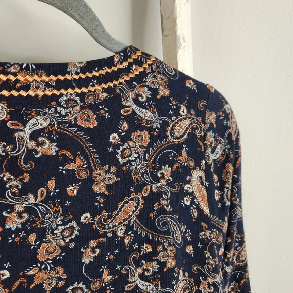 Market & Spruce Stitch Fix 1x paisley print embroidered 3/4 sleeve boho top - Picture 6 of 6